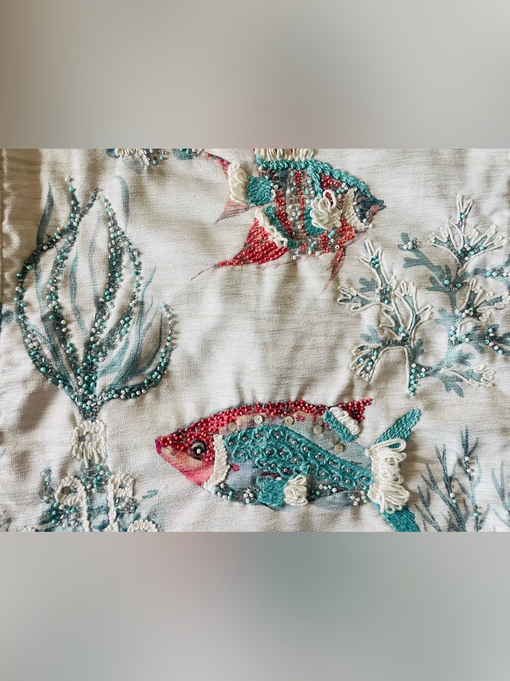 Table Runner Embroidery Beaded Fish & Coral Costal Collection 16x72